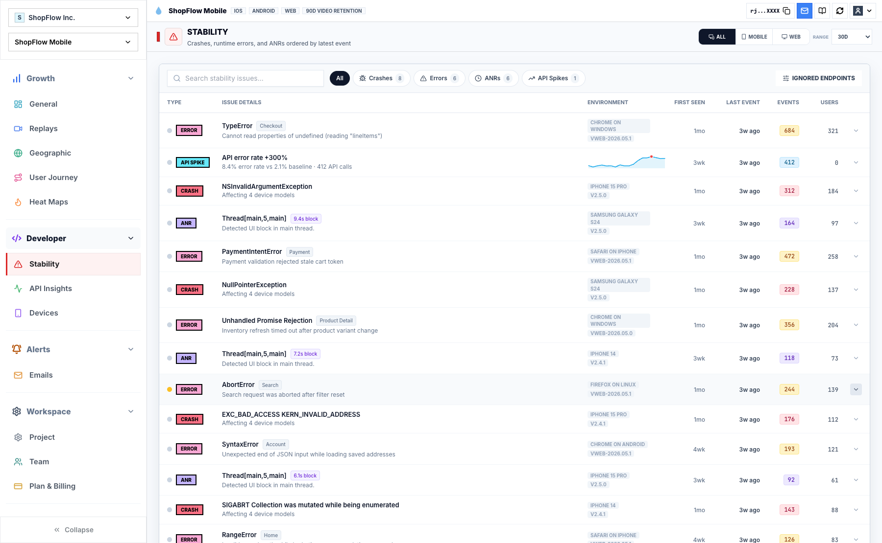 Rejourney stability monitoring table with crashes, ANRs, API spikes, events, and affected users