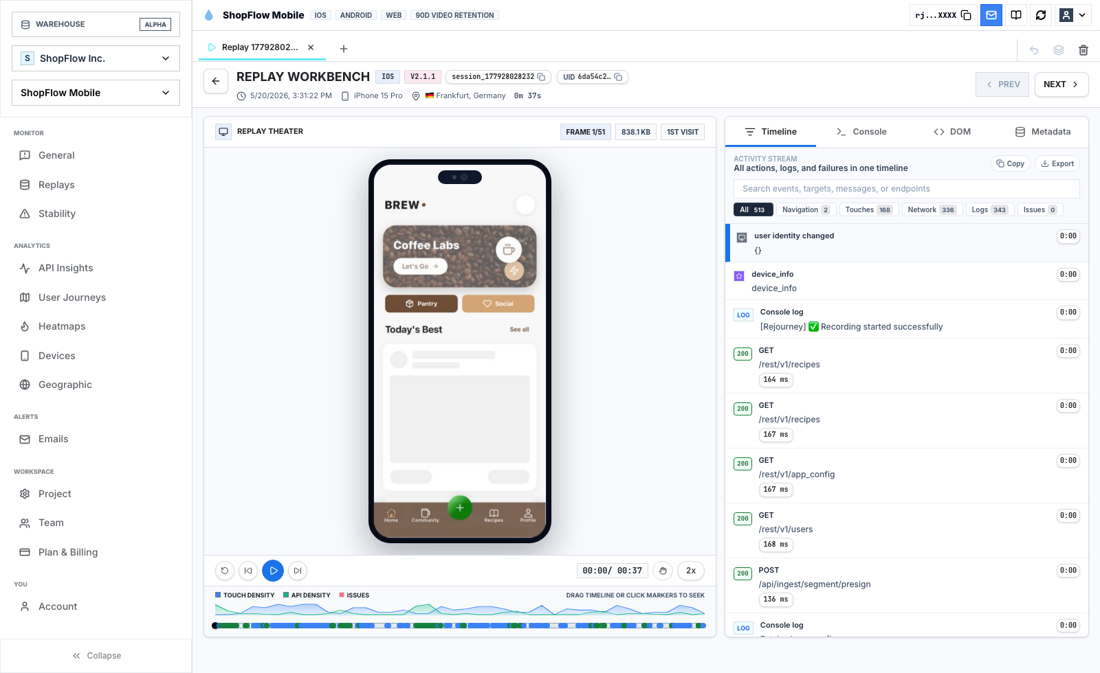 Rejourney live demo replay workbench showing a mobile session with timeline, API calls, and user context