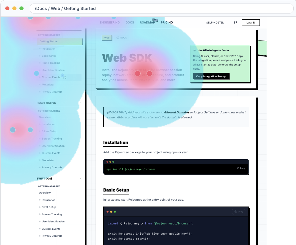 Rejourney web attention map over the Web SDK documentation page