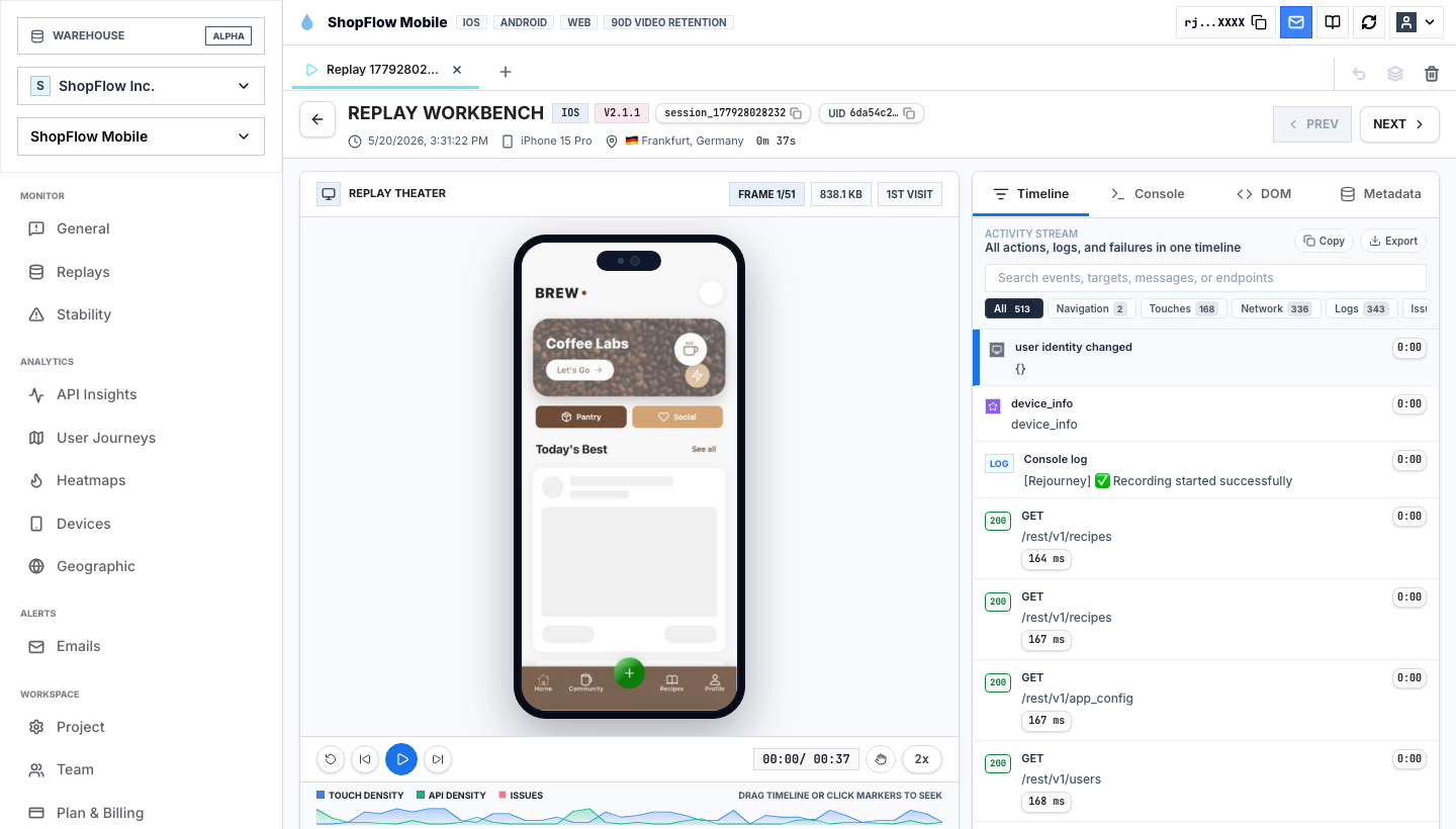 Rejourney live demo mobile replay workbench with touch events and session context