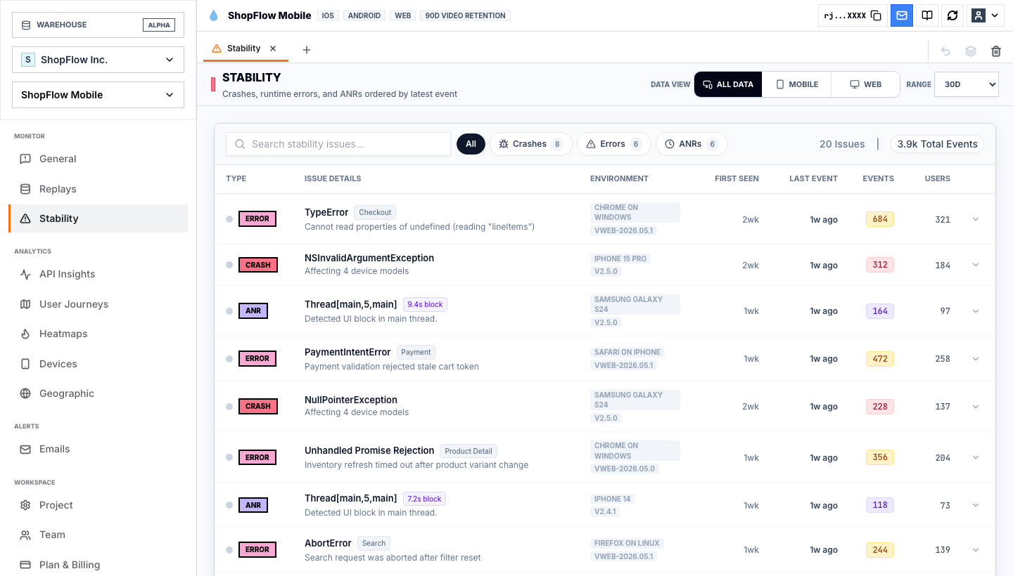 Rejourney stability dashboard for self-healing software workflows
