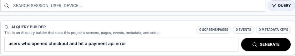 Rejourney AI query builder searching for sessions by behavior and failed outcome