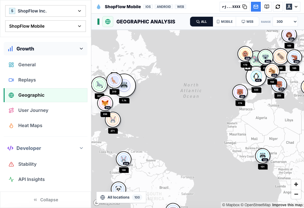Rejourney geographical growth dashboard showing conversion recovery by region